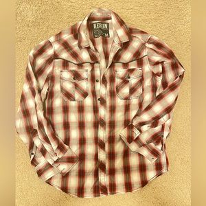 RERUN Mens Red/white/black Plaid Button Up Long Sleeve with Chest Pockets Size M